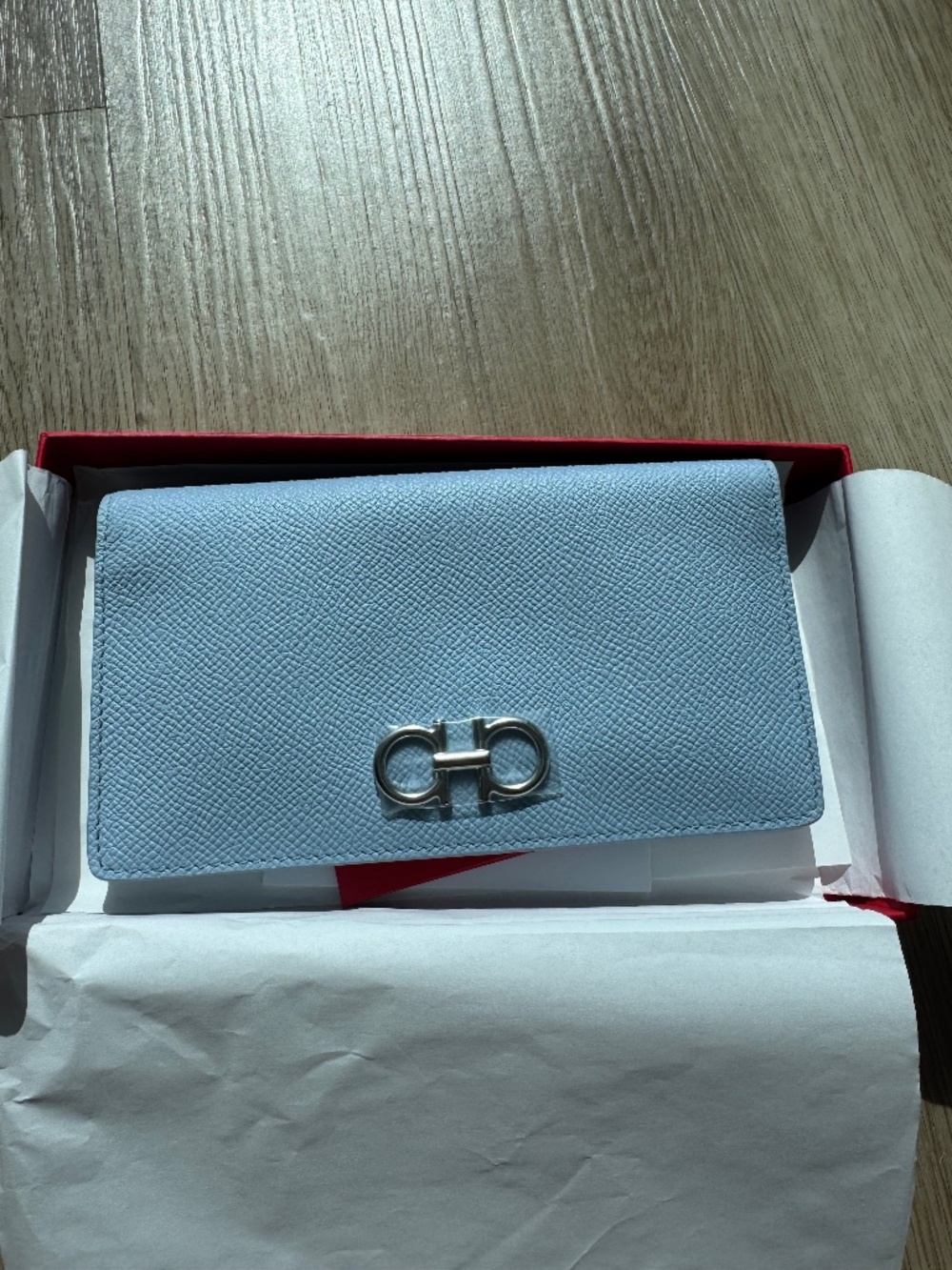 NEW Ferragamo Gancini Continental Wallet Washed Denim Blue